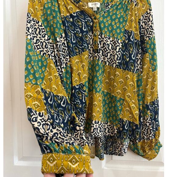 Umgee Women M Navy And Chartreuse Patchwork Blouse Long Sleeve Bold Boho - Picture 4 of 8
